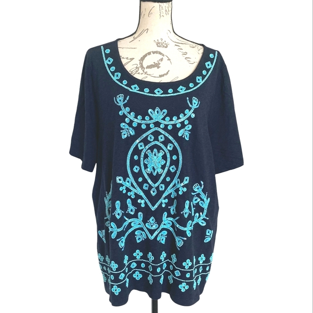 Talbots Beaded embroidered sequin blue tunic boho top 2X Cotton Resort Preppy - Picture 5 of 16